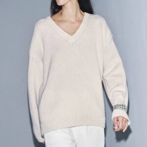 Zara Cream V-Neck Sweater with Embellished Cuffs